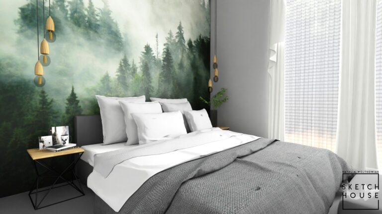 Sypialnia z tapetą lasu