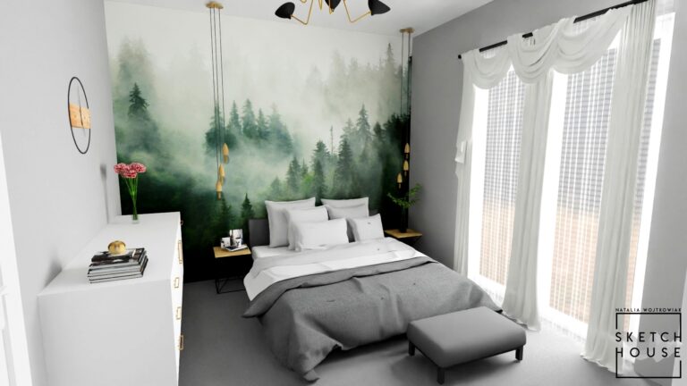 Sypialnia z tapetą lasu