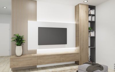 Salon - granat, drewno i szarość