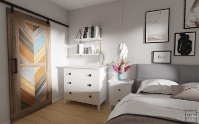 Sketchhouse Natalia Brek, aranzacja wnetrz, jasna sypialnia, starodawne drzwi
