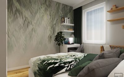 Sketchhouse Natalia Brek, aranzacja wnetrz, lesna sypialnia z lustrem