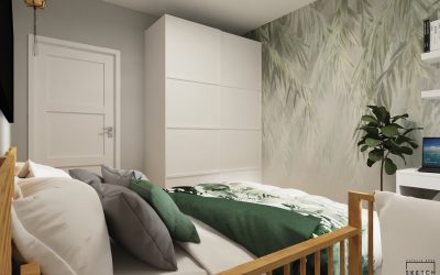 Sketchhouse Natalia Brek, aranzacja wnetrz, lesna sypialnia z lustrem