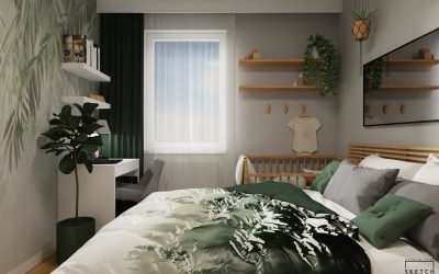 Sketchhouse Natalia Brek, aranzacja wnetrz, lesna sypialnia z lustrem