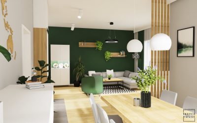 Sketchhouse Natalia Brek, aranzacja wnetrz, salon z zielonymi akcentami