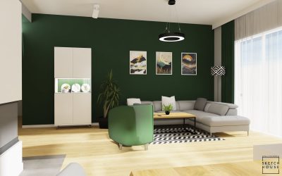 Sketchhouse Natalia Brek, aranzacja wnetrz, salon z zielonymi akcentami
